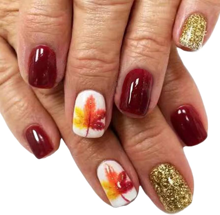 Deep Red Leaf Motif Glitter Nails Deep Red Leaf Motif Glitter Nails β Short Winter Square Nails