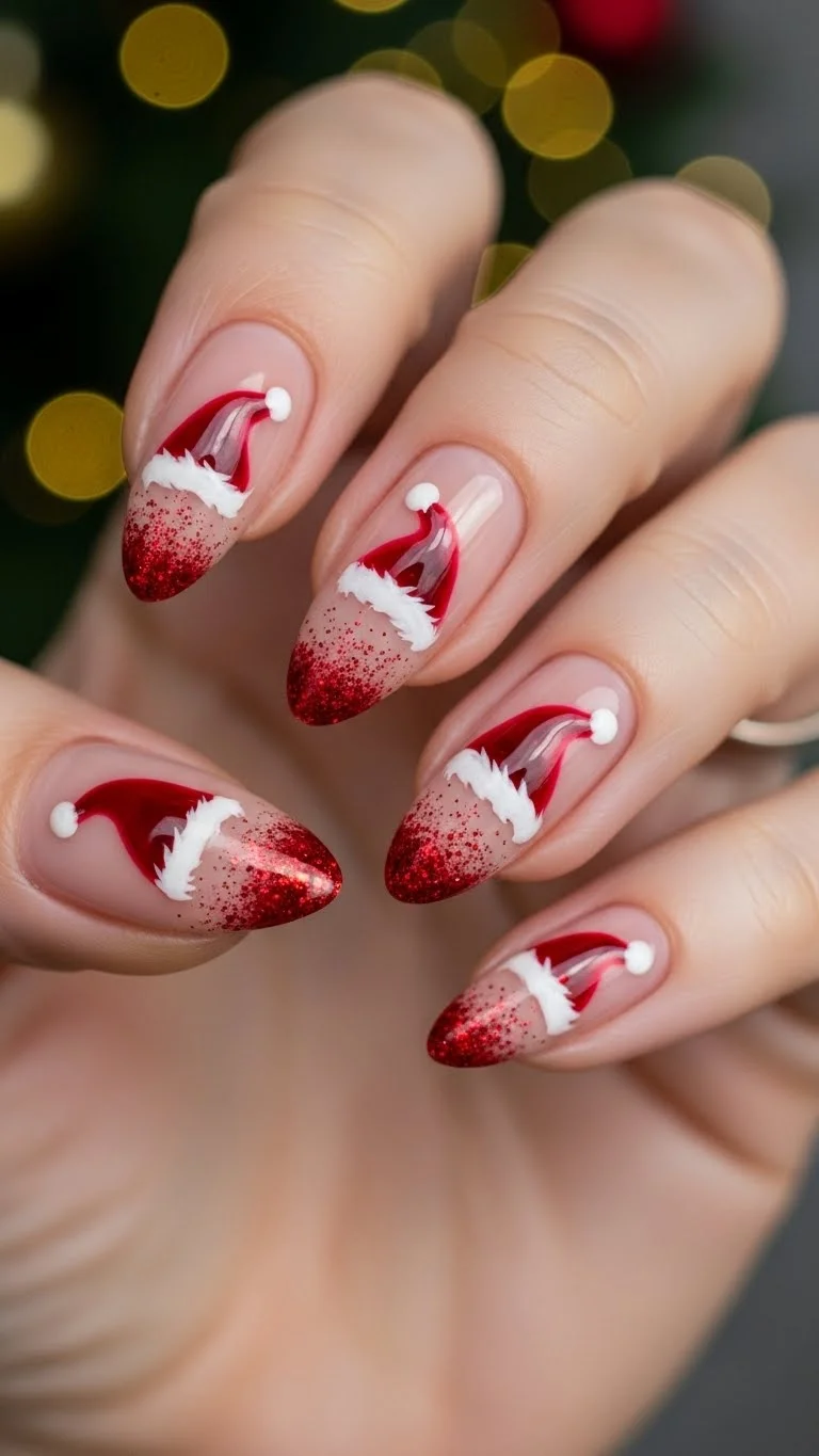 Nude Base Santa Hat Glitter Gradient Nude Base Santa Hat Glitter Gradient β Easy Christmas Nails 2026