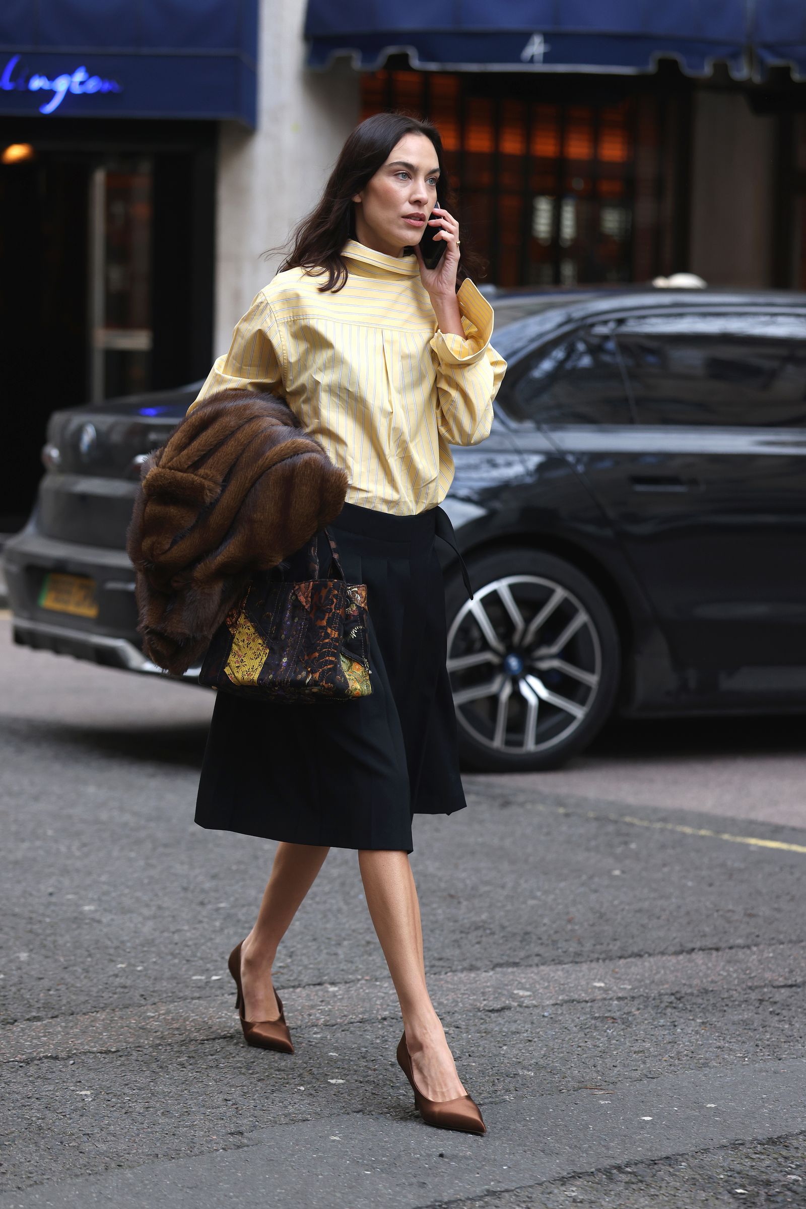 Striped Button-Down with Midi Skirt and Fur Stole Striped Button-Down with Midi Skirt and Fur Stole β Winter to Spring Transition Outfits