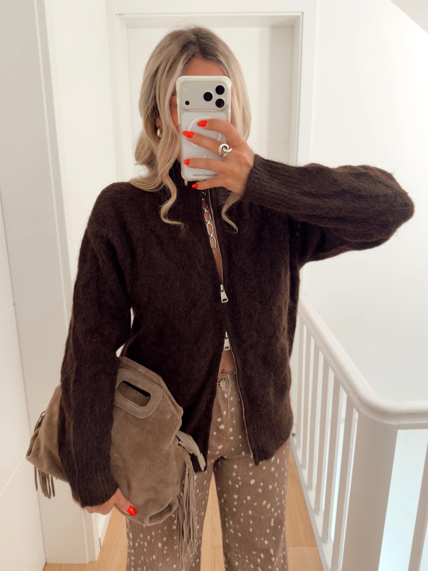 Fuzzy Brown Cardigan with Speckled Trousers for a Cozy Brunch Fuzzy Brown Cardigan with Speckled Trousers for a Cozy Brunch β Winter Brunch Outfits