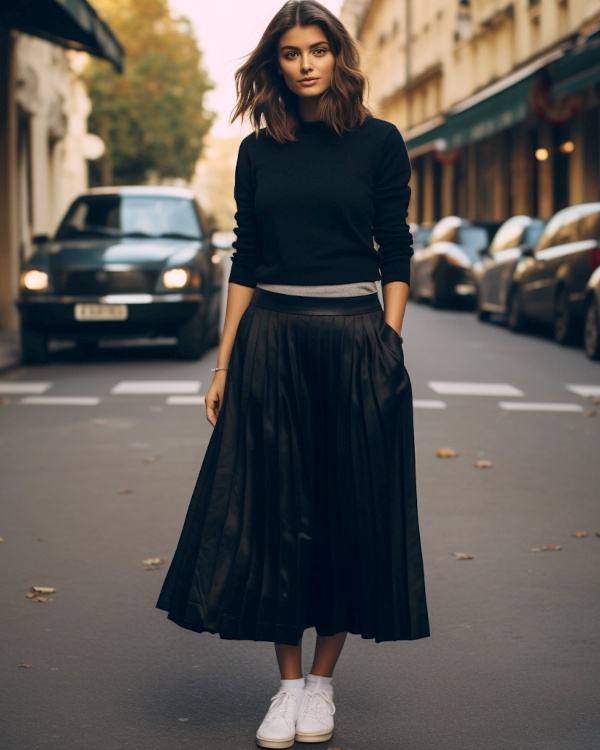 Black Pleated Midi Skirt with Layered Sweater Black Pleated Midi Skirt with Layered Sweater β Winter Skirt Outfits