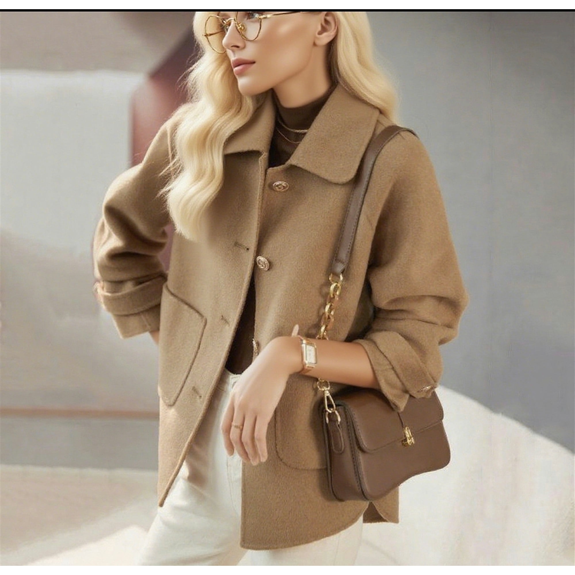 Camel Peacoat with Brown Turtleneck and Cream Trousers Camel Peacoat with Brown Turtleneck and Cream Trousers β Winter Outfits for Petite Women
