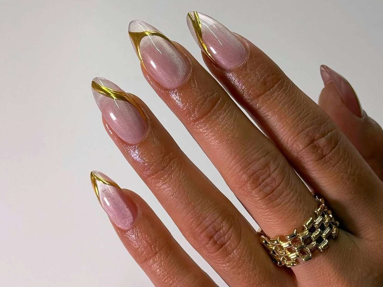 Long Stiletto Gold Foil French Accents Long Stiletto Gold Foil French Accents β Winter Gold Nails