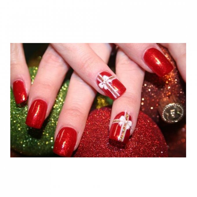 Glitter Red with White Bow Accent Nails — Christmas Nails for Kids 2026