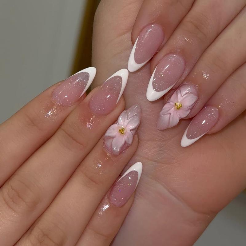Long Almond Floral French — Cute New Years Nails 2027
