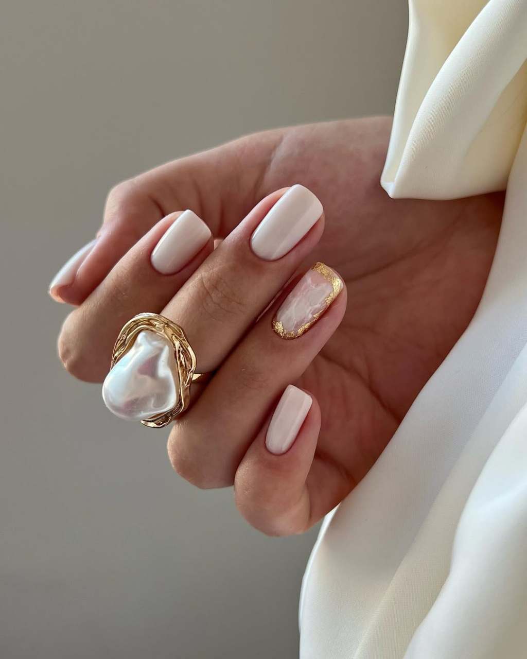 Milky White with Pink Undertone and Gold Foil Milky White with Pink Undertone and Gold Foil β Milky White Nails