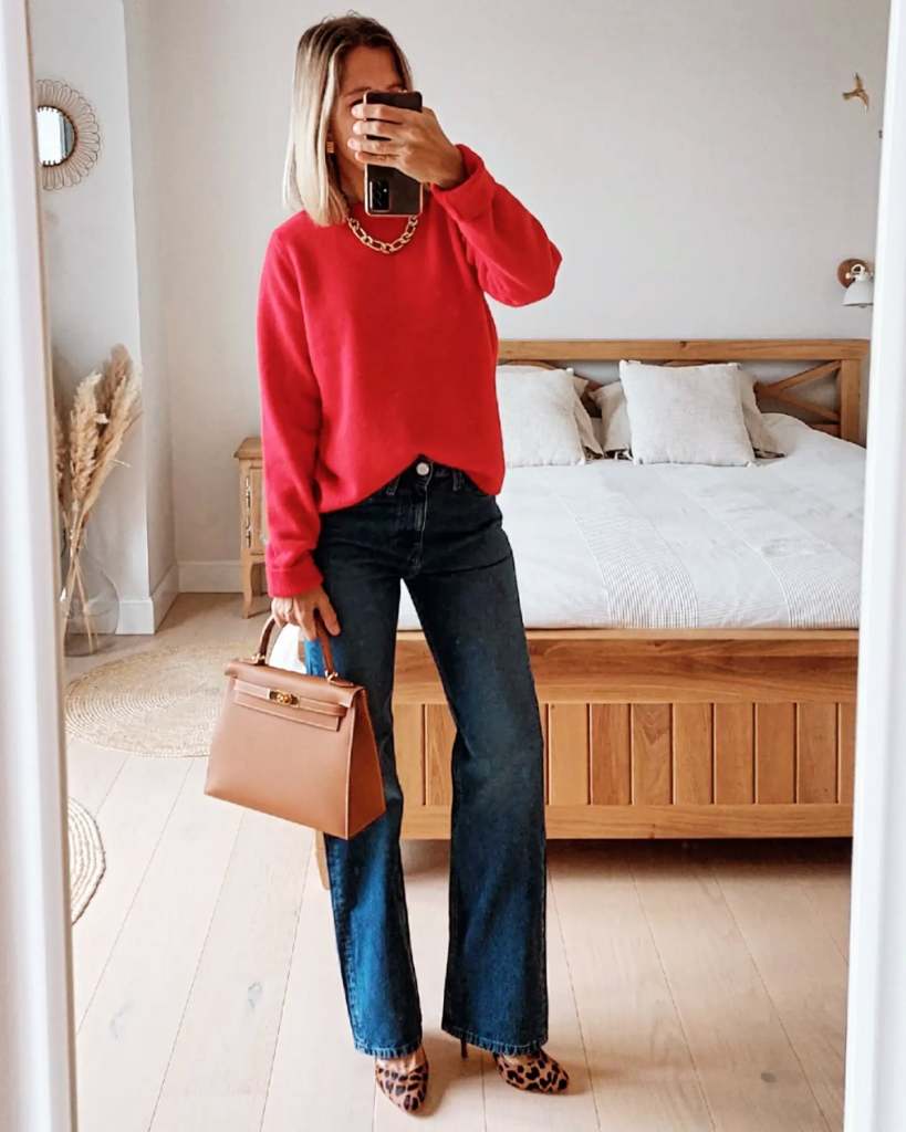 Vibrant Red Crewneck Sweater With Wide-Leg Denim Vibrant Red Crewneck Sweater With Wide-Leg Denim β Sweater Outfits