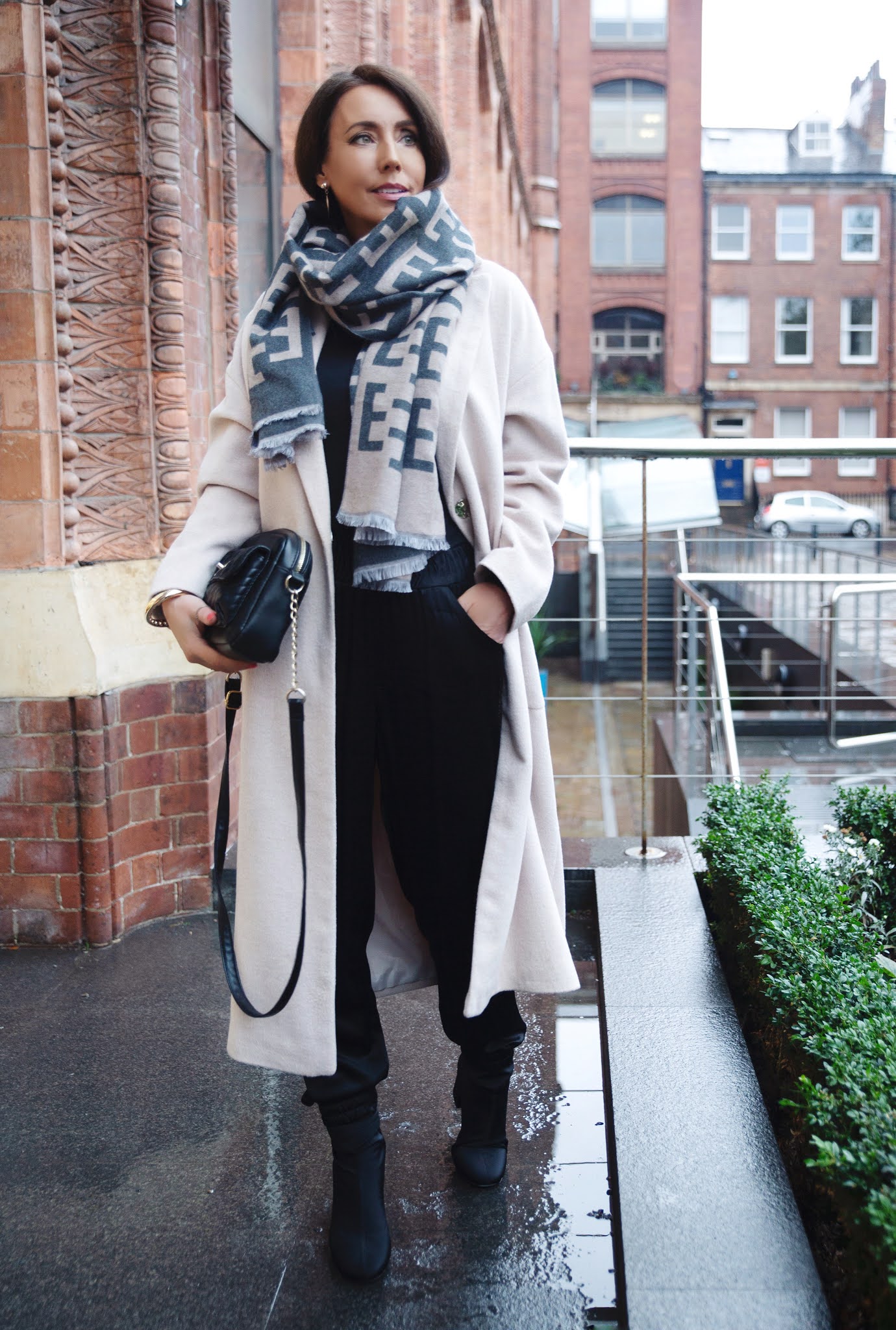 Monogrammed Scarf Elevates a Neutral Palette — Scarf Outfits