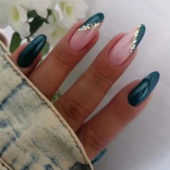 Medium Almond Diagonal French Tip — Dark Green Winter Nails