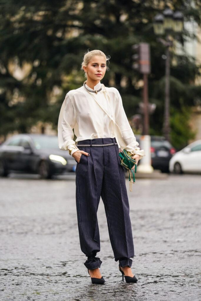 Pussy-Bow Blouse with Navy Pinstripe Trousers Pussy-Bow Blouse with Navy Pinstripe Trousers β Winter Business Casual Outfits