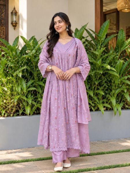 Light Purple Anarkali Suit with Lace Detailing Light Purple Anarkali Suit with Lace Detailing β Royal Purple Outfits