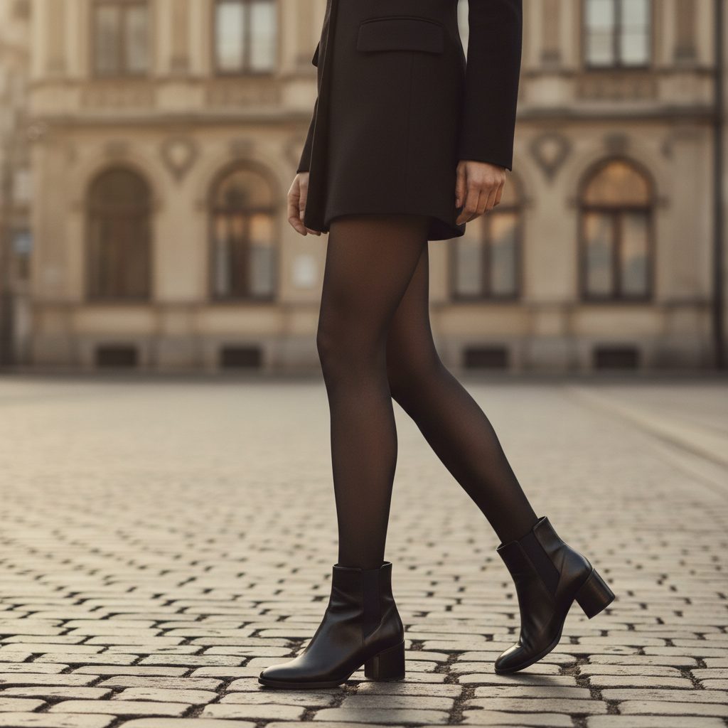 Sheer Black Tights with Mini Dress and Ankle Boots Sheer Black Tights with Mini Dress and Ankle Boots β Tights Outfits