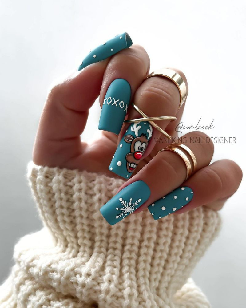 Matte Teal Rudolph Illustration Nails Matte Teal Rudolph Illustration Nails β Christmas Square Nails 2026