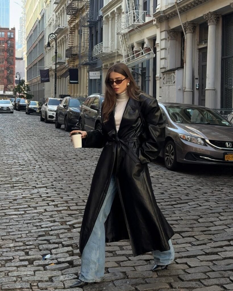 Edgy Faux Leather Trench and Denim Combo — NYC Winter Outfits