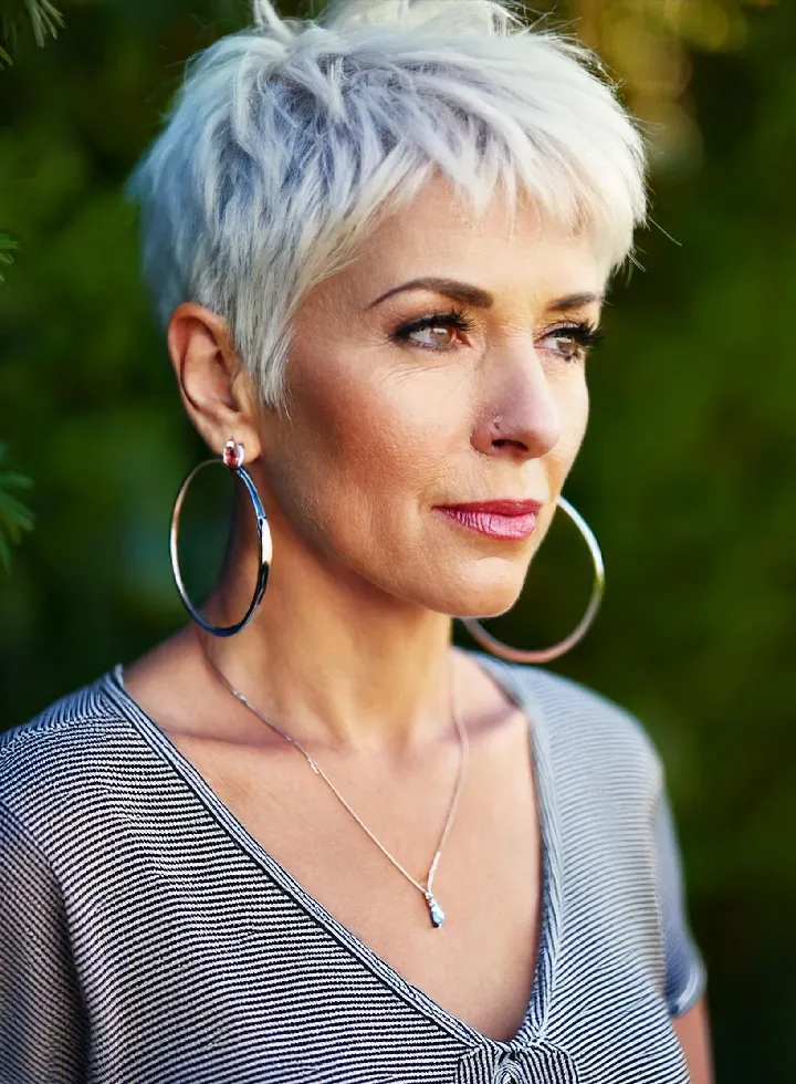 Textured Silver Pixie With Side Sweep — Winter Haircuts for Women Over 60
