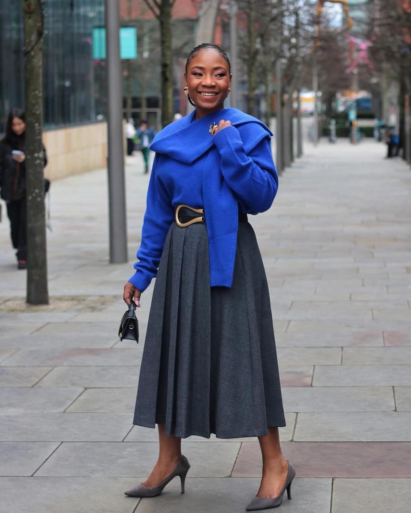 Vibrant Blue Sweater with Grey Pleated Midi Skirt Vibrant Blue Sweater with Grey Pleated Midi Skirt β Warm Winter Outfits