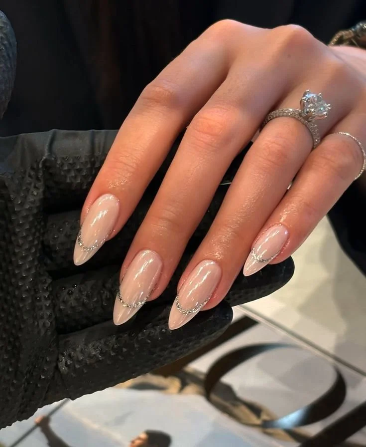 Silver Glitter French Tip with Chain Accents — Winter Date Night Nails