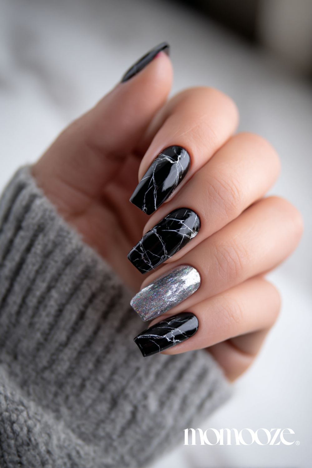 Black Marble with Silver Glitter on Coffin Nails — Winter Marble Nails