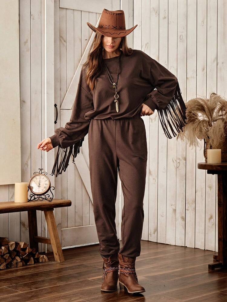 Fringe Detail Two-Piece Set for Casual Western Style — Western Winter Outfits