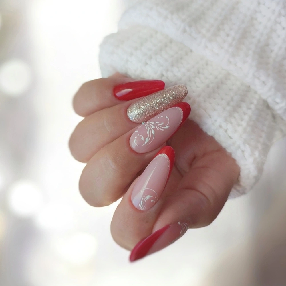 Red French Tips with White Scrollwork — Winter Red Nails