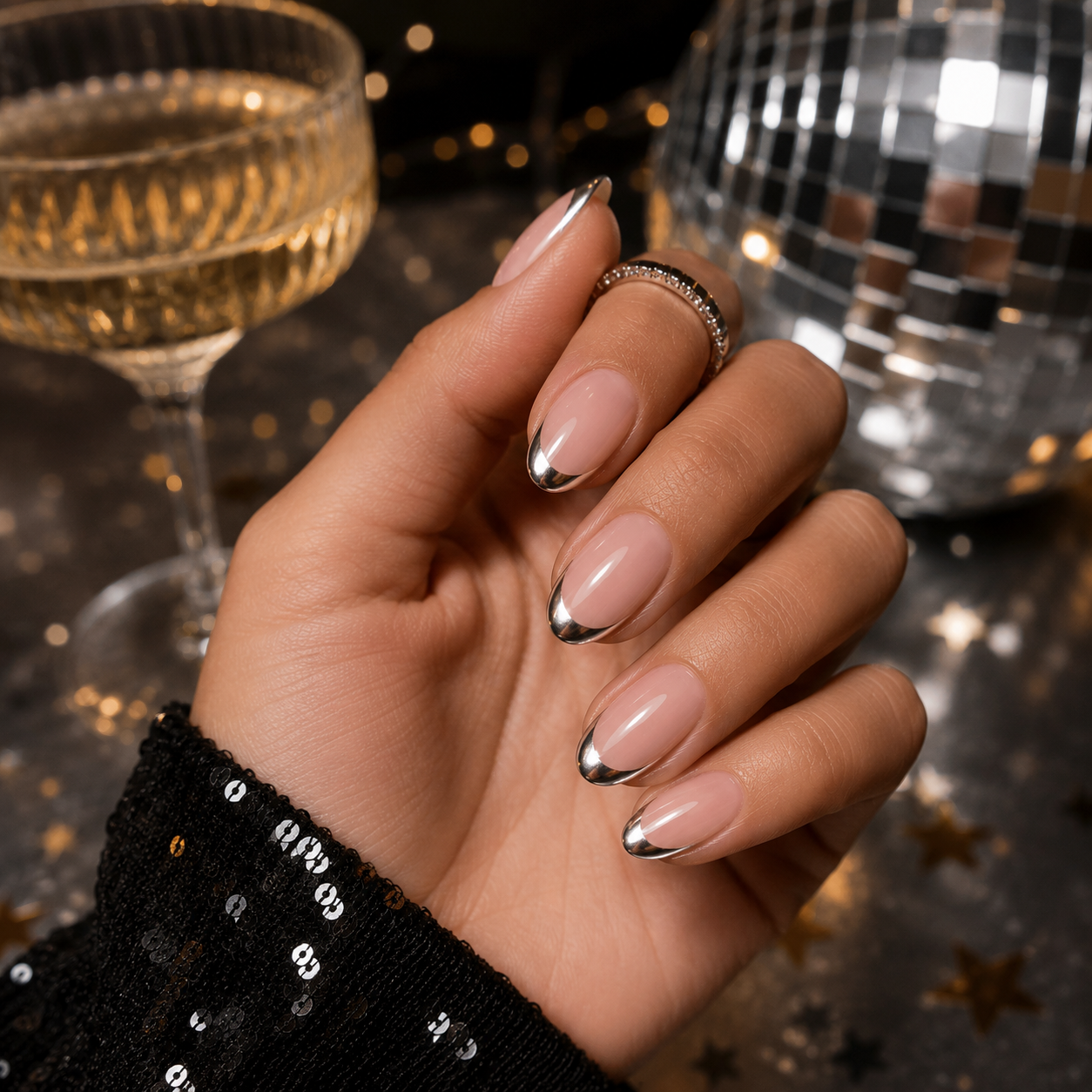 Silver Metallic French Tips Almond Silver Metallic French Tips Almond β New Years French Tip Nails 2027