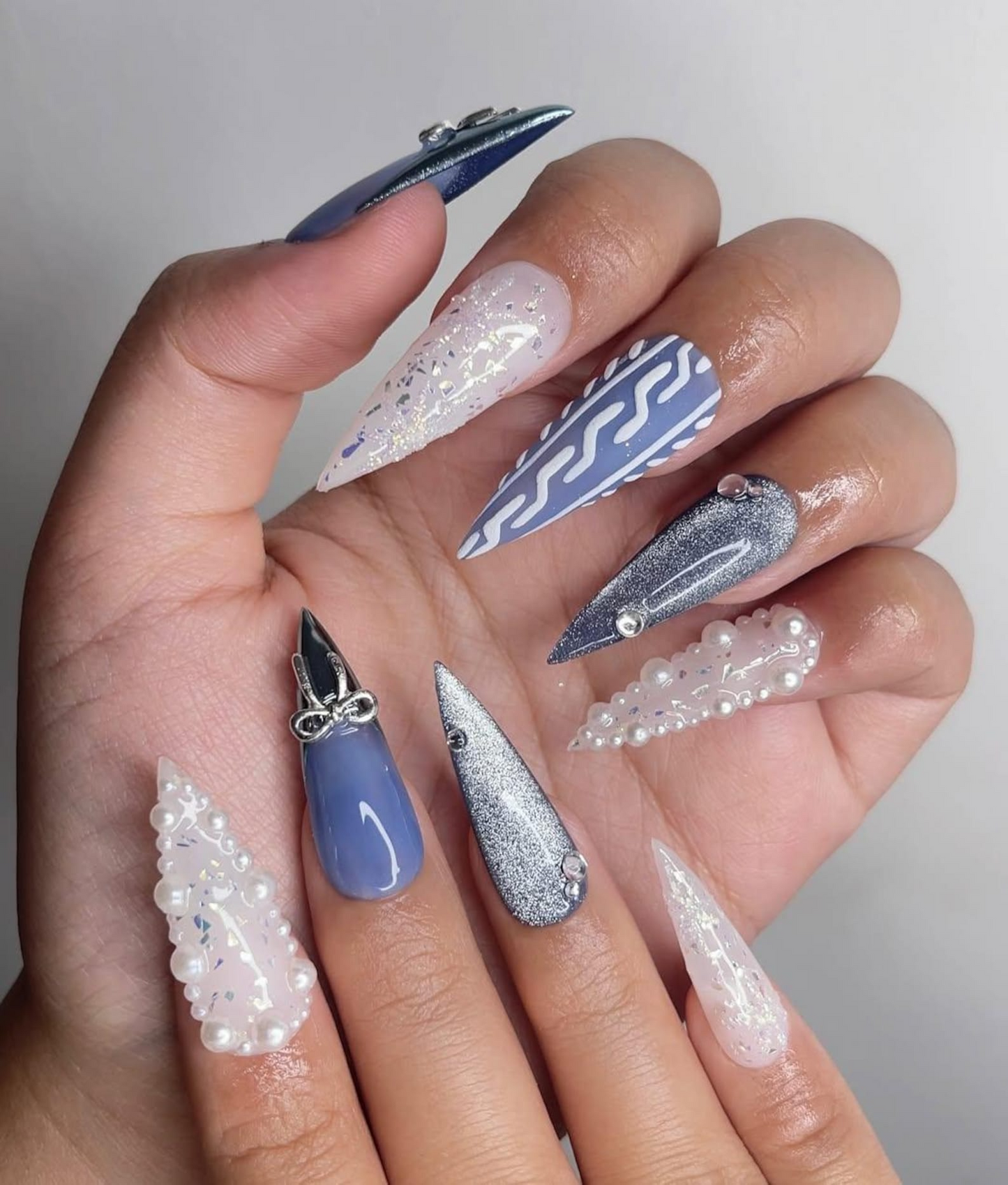 Blue Cable Knit Cat-Eye Stilettos — Winter Acrylic Nails