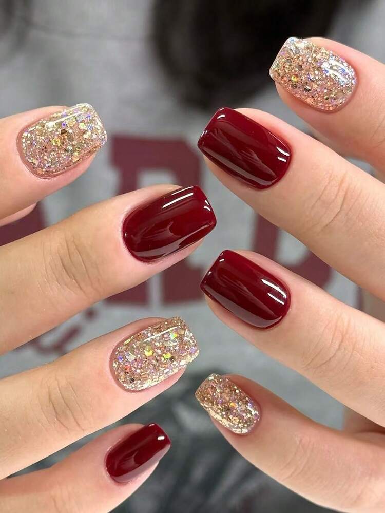 Deep Red Glossy with Gold Glitter Accents Deep Red Glossy with Gold Glitter Accents β Short Christmas Square Nails 2026