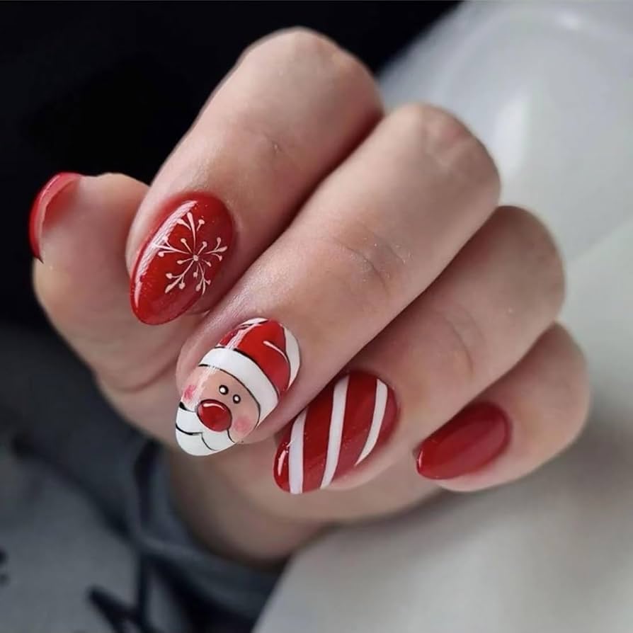 Short Oval Red with Santa and Stripes Short Oval Red with Santa and Stripes β Christmas Oval Nails 2026