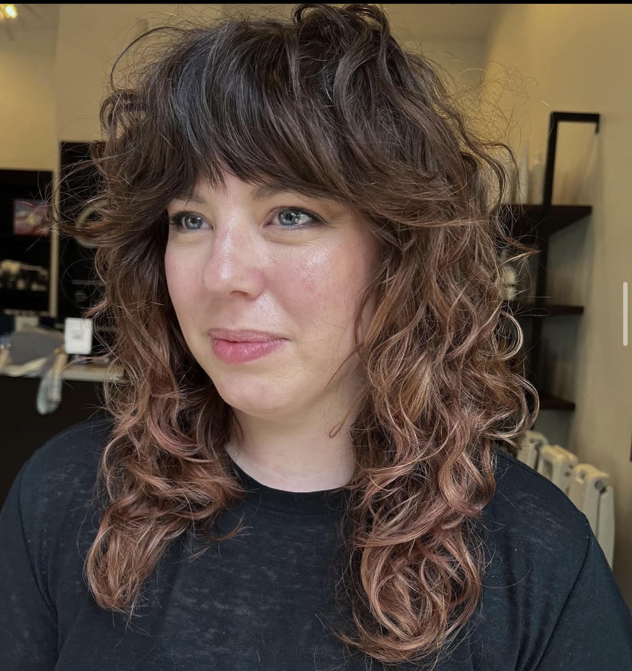 Brown With Pink Highlights Visual Idea — Winter Haircuts for Curly Hair