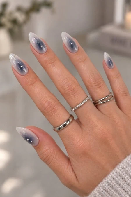 Smoky Grey Ombre with Silver Bead Accents Smoky Grey Ombre with Silver Bead Accents β Long Winter Almond Nails