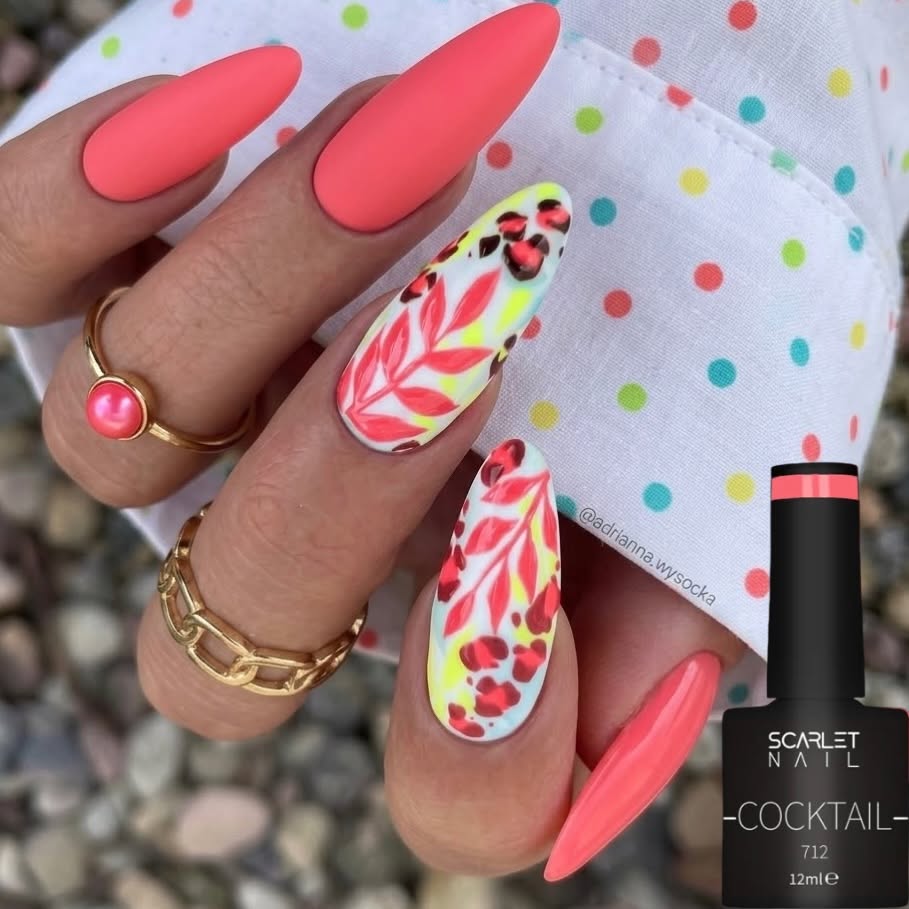 Matte Coral with Leaf Art & Leopard — Holiday Nail Colors 2026