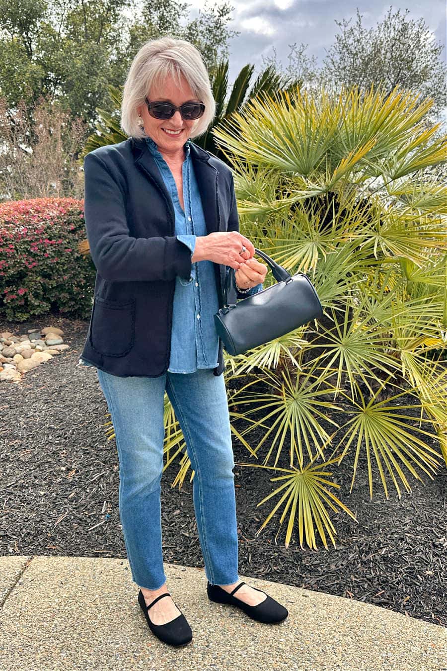 Ruffled Denim Shirt with Navy Knit Blazer Ruffled Denim Shirt with Navy Knit Blazer β Winter Outfits for Women Over 70