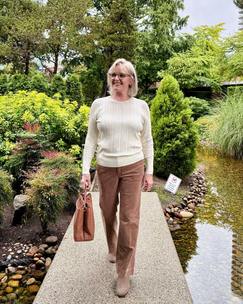 Cream Cable-Knit Sweater with Brown Corduroy Trousers Cream Cable-Knit Sweater with Brown Corduroy Trousers β Winter Outfits for Women Over 70