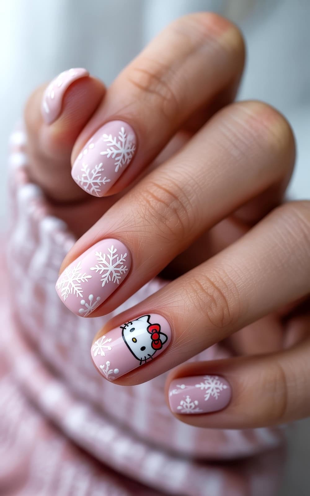 Short Oval Pink Snowflakes and Hello Kitty Short Oval Pink Snowflakes and Hello Kitty β Hello Kitty Christmas Nails 2026