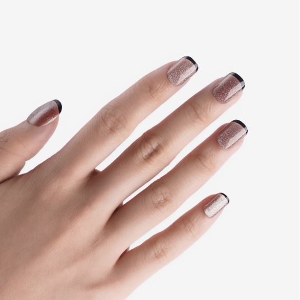 Rose Gold Glitter Black Tip Almond Nails — Short Winter Nails