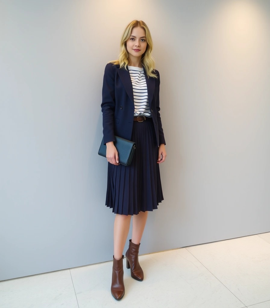 Navy Blazer with Striped T-shirt and Pleated Skirt Navy Blazer with Striped T-shirt and Pleated Skirt β Winter Business Casual Outfits