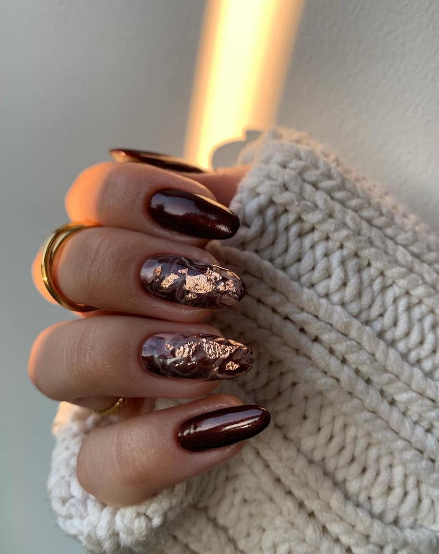 Deep Burgundy with Rose Gold Foil Accents Deep Burgundy with Rose Gold Foil Accents β Burgundy Nails