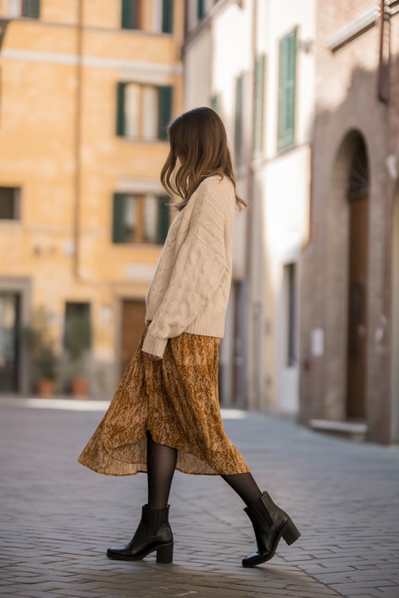 Beige Cable-Knit Sweater with a Printed Midi Skirt — Italy Winter Outfits