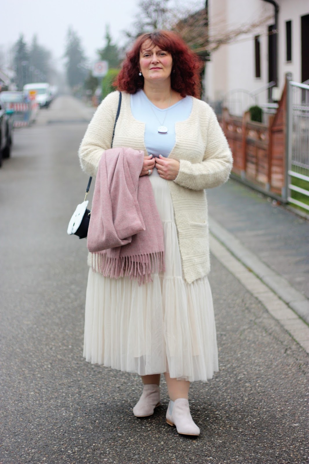 Soft Feminine Style with a Tulle Skirt and Fuzzy Cardigan Soft Feminine Style with a Tulle Skirt and Fuzzy Cardigan β Winter Outfits for Women Over 50