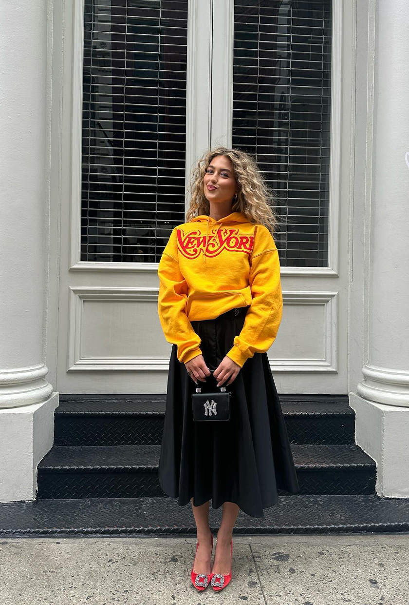 Yellow Graphic Hoodie with Black Midi Skirt — Hoodie Outfits