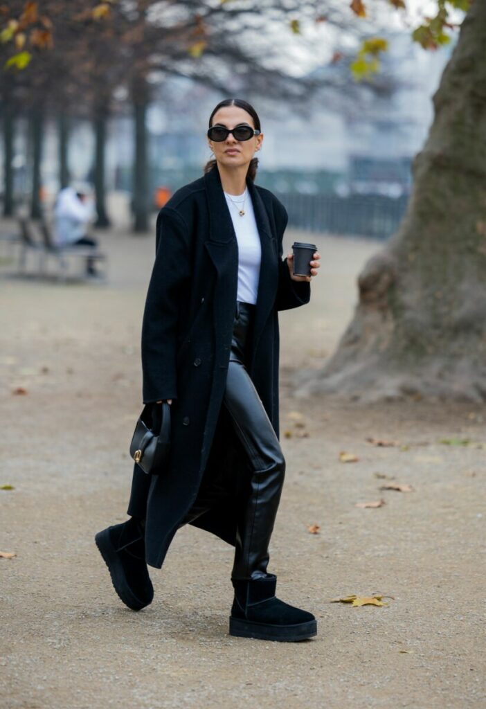 Chic and Practical: Leather Pants, Long Coat, and UGG-Style Boots — Winter Boots Outfits