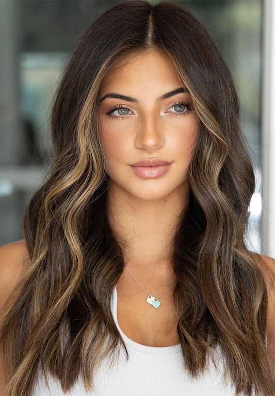 Dark Brown With Face-Framing Highlights Dark Brown With Face-Framing Highlights β Winter Hair Colors for Blue Eyes