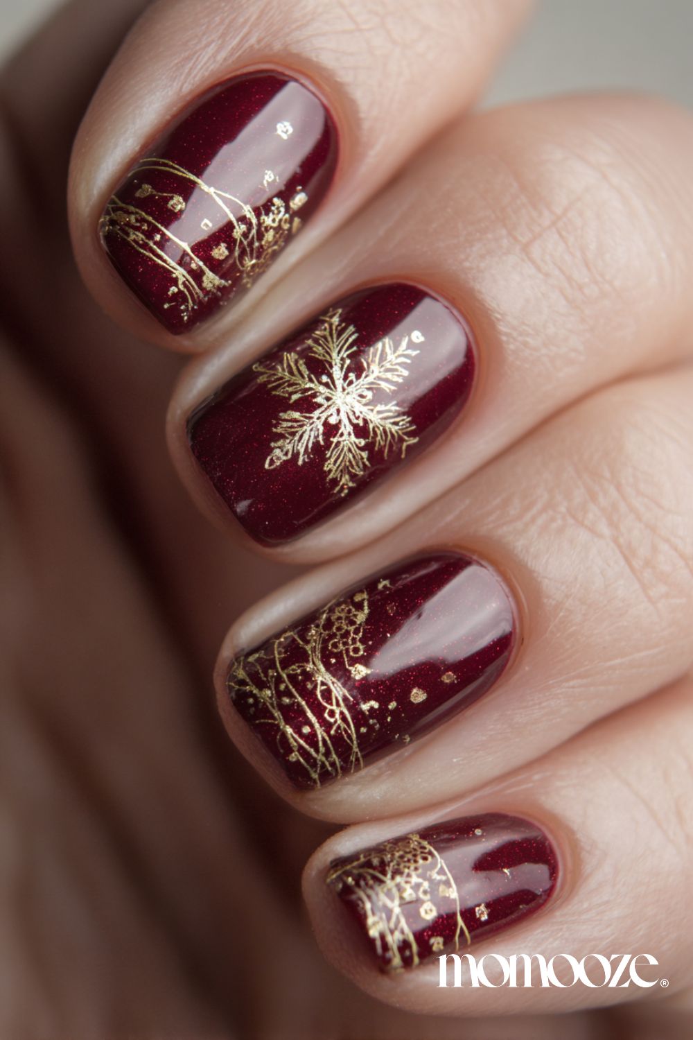 Medium Oval Burgundy Gold Foil Snowflake Medium Oval Burgundy Gold Foil Snowflake β Wine Christmas Nails 2026
