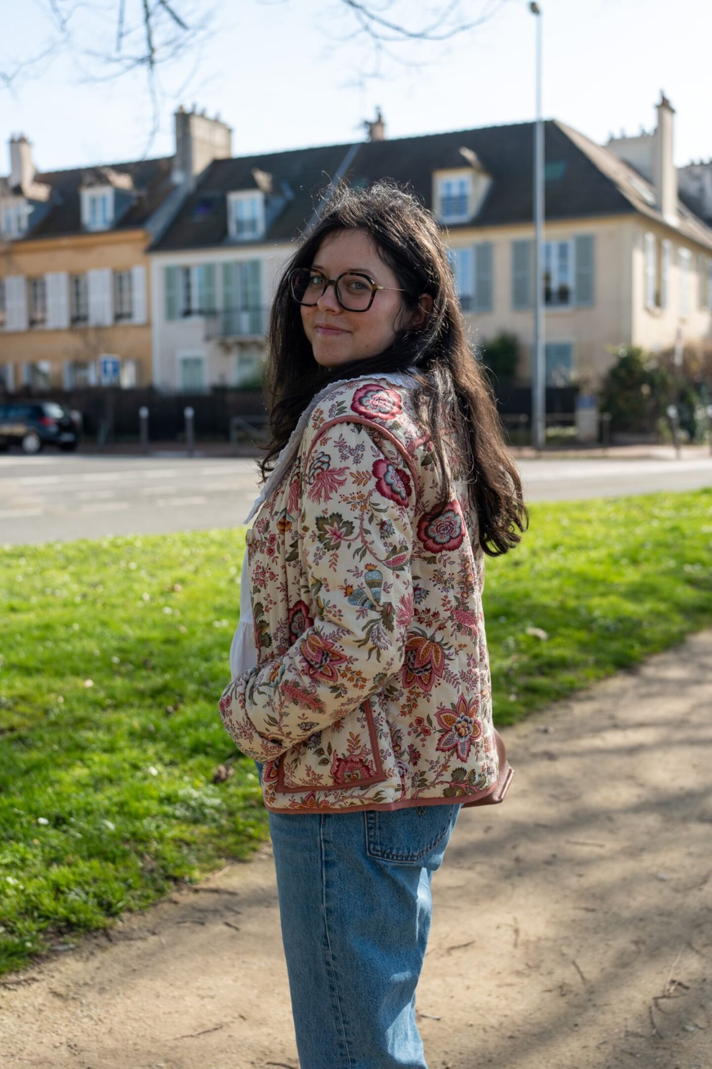 Embroidered Quilted Jacket with White Top and Denim Jeans Embroidered Quilted Jacket with White Top and Denim Jeans β Winter to Spring Transition Outfits
