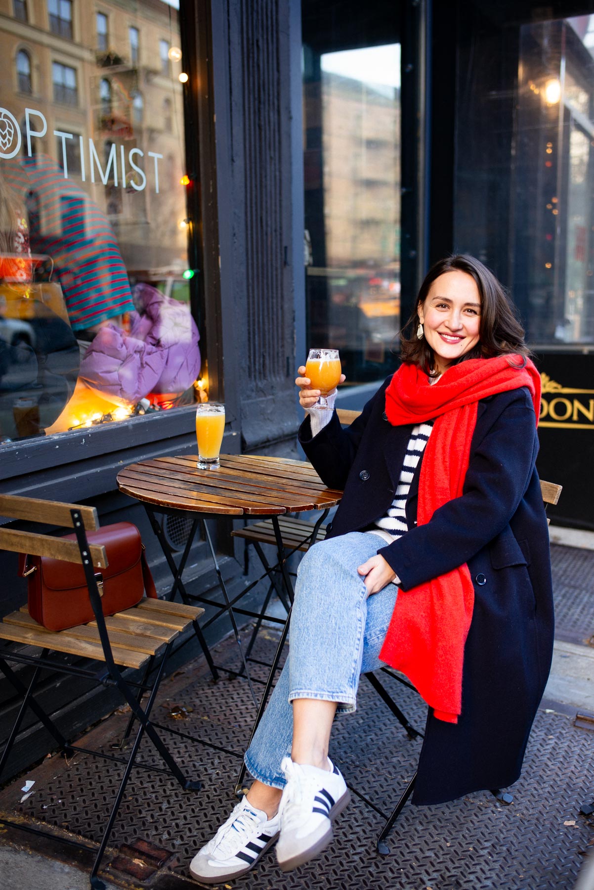 Cozy Navy Coat with a Vibrant Red Scarf — NYC Winter Outfits