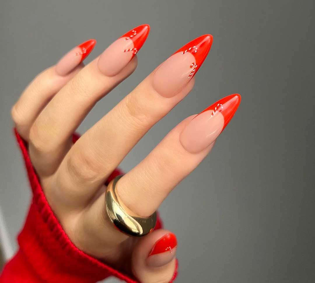 Candy Cane French Tip Stilettos Candy Cane French Tip Stilettos β Red and Gold Christmas Nails 2026