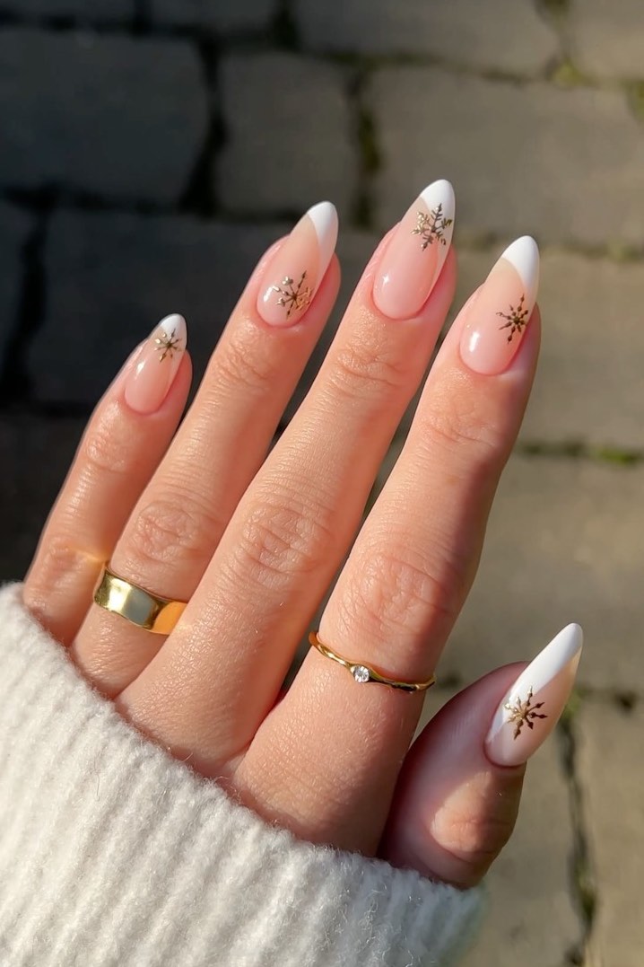 Medium Almond French with Gold Snowflake Accents — Winter Glitter Nails