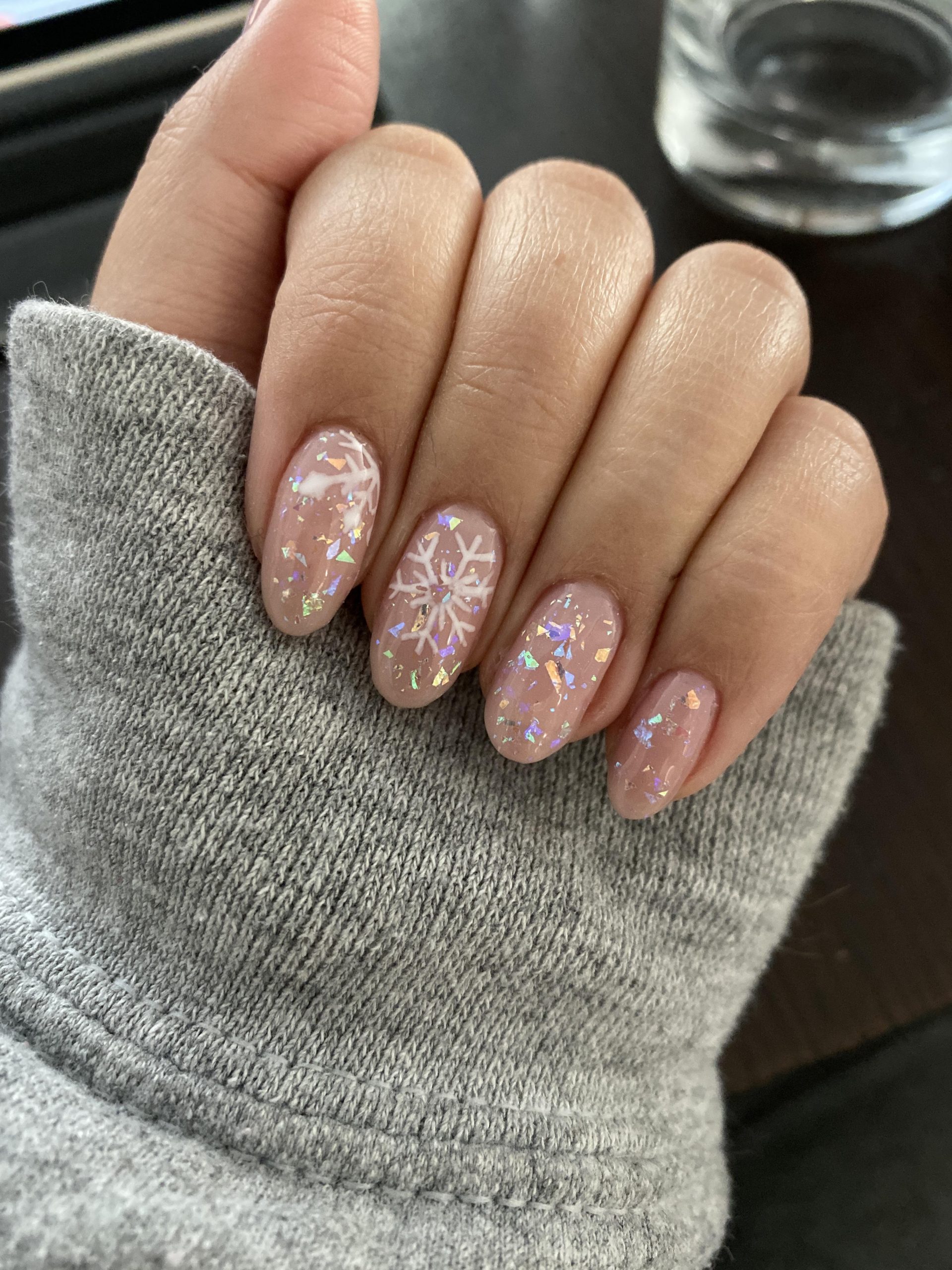 Subtle Nude Snowflake Iridescent Nails — Winter Nail Art