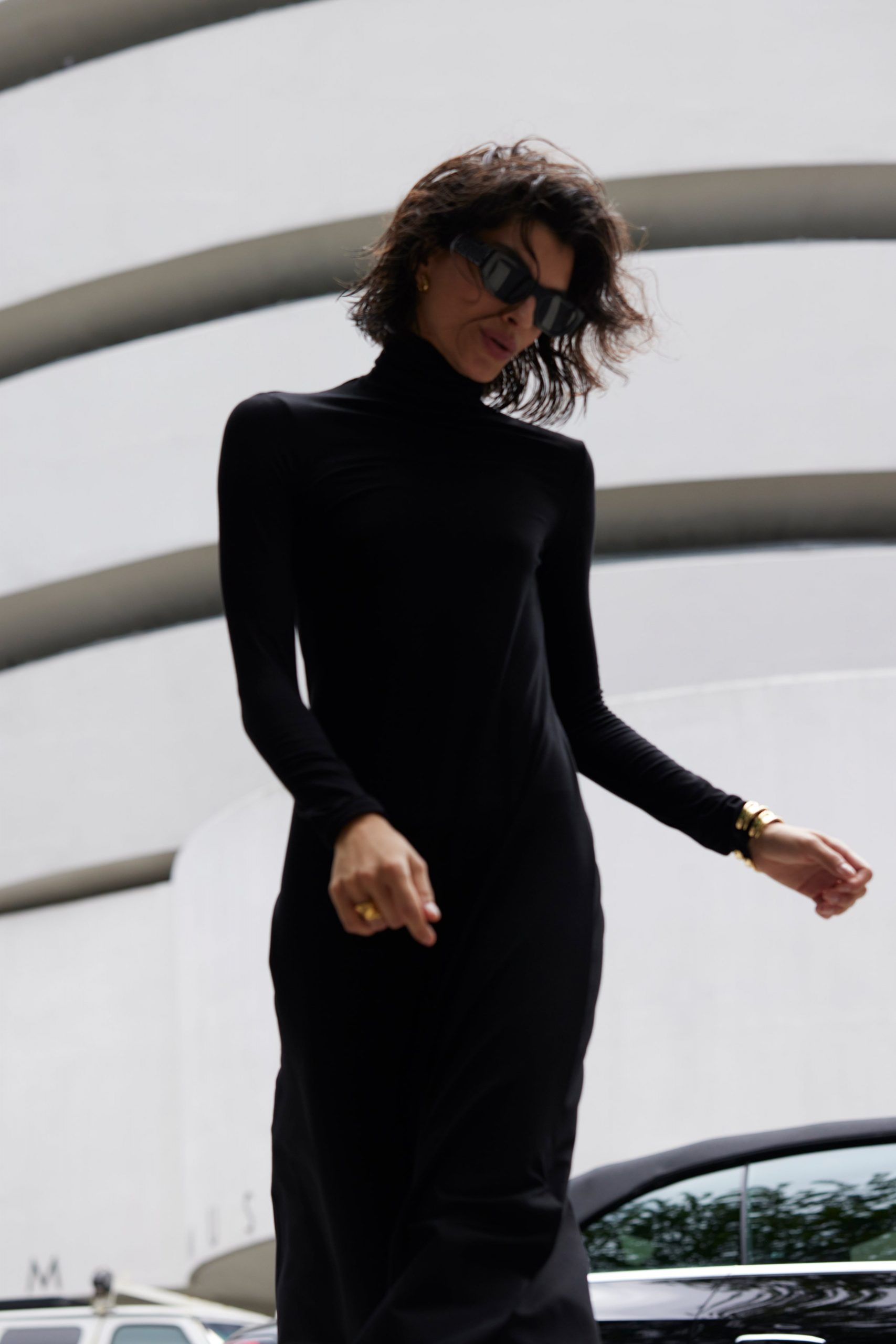 Minimalist Black Jersey Turtleneck Dress with Gold Accents Minimalist Black Jersey Turtleneck Dress with Gold Accents β Turtleneck Outfits