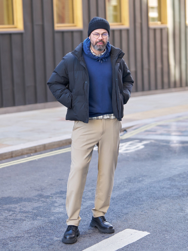 Black Cropped Puffer Jacket with Logo and Blue Jeans — Winter Puffer Jacket Outfits